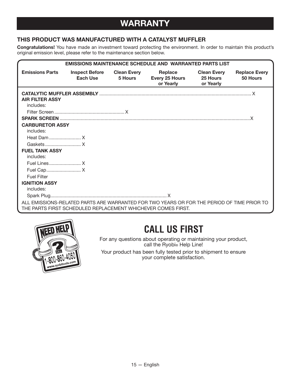 Call us first, Warranty | Ryobi RY29550 User Manual | Page 19 / 52