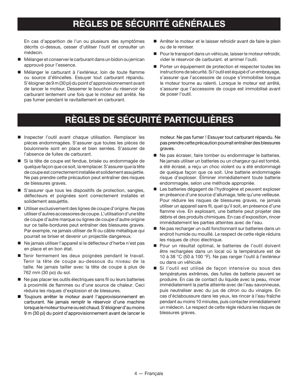 Règles de sécurité particulières, Règles de sécurité générales | Ryobi RY29550 User Manual | Page 23 / 52
