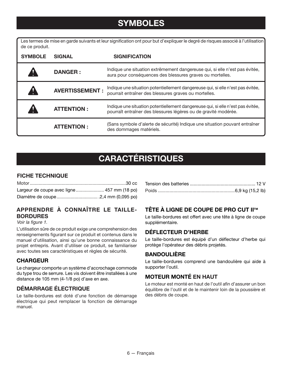 Caractéristiques, Symboles | Ryobi RY29550 User Manual | Page 25 / 52
