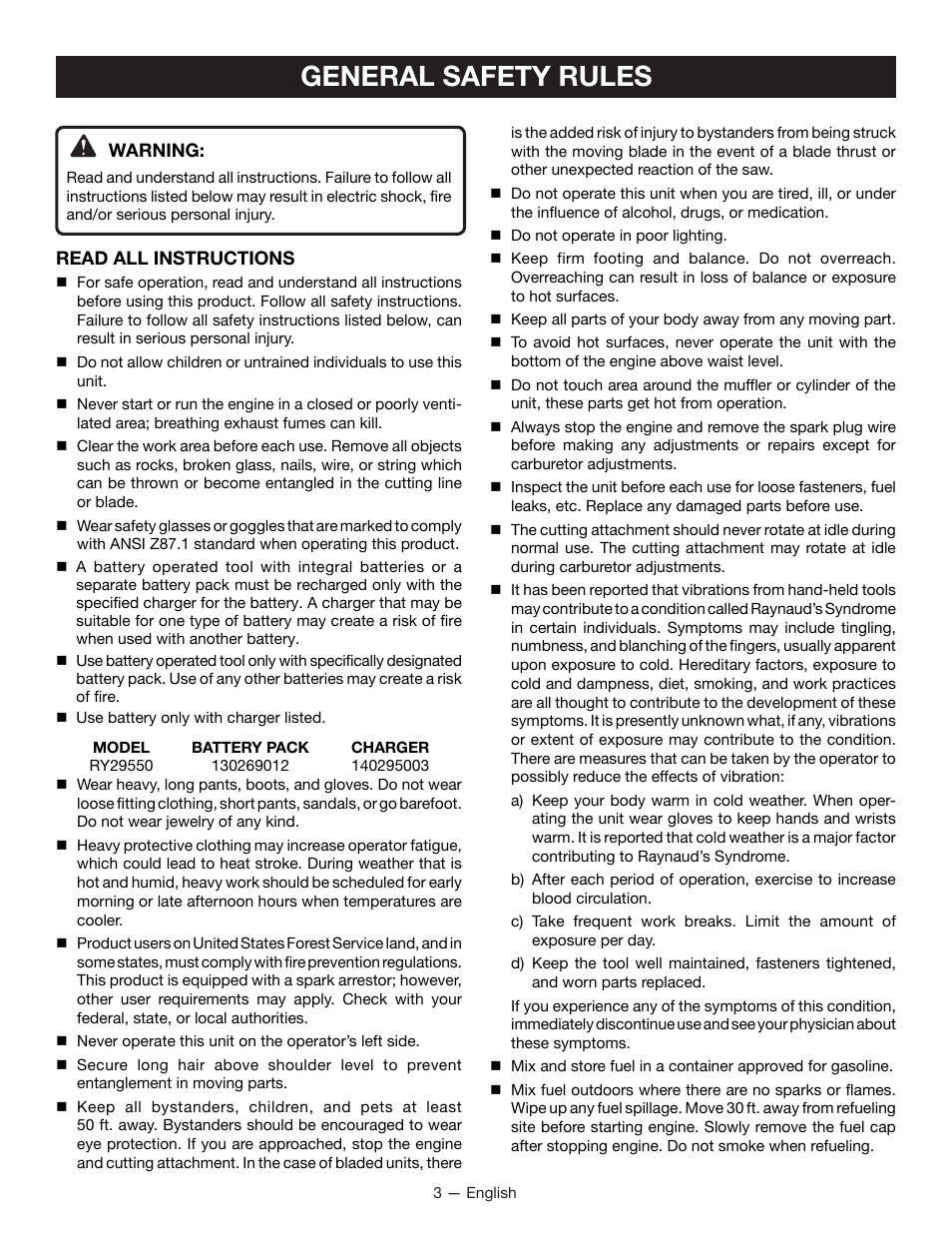 General safety rules | Ryobi RY29550 User Manual | Page 7 / 52