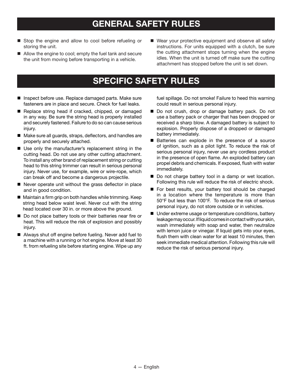 Specific safety rules, General safety rules | Ryobi RY29550 User Manual | Page 8 / 52