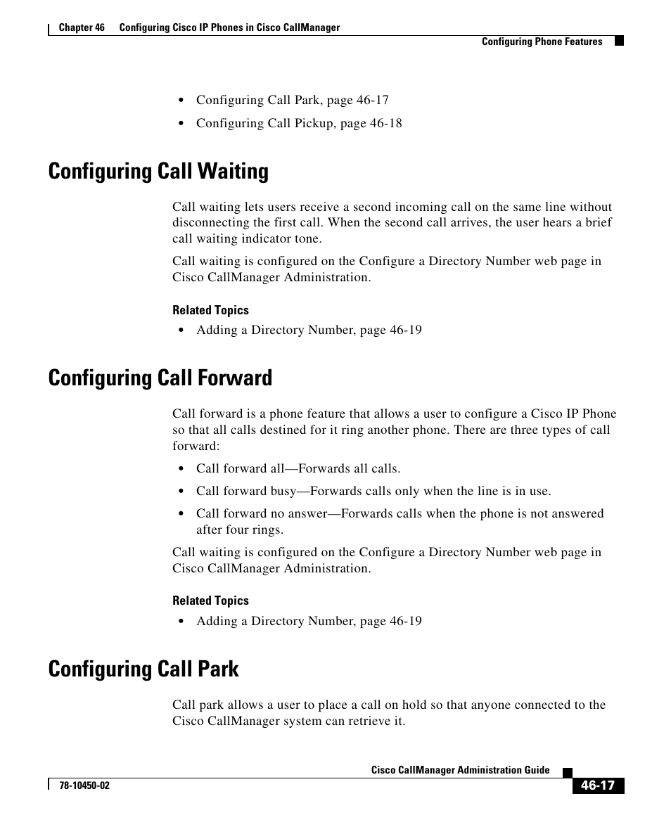 Configuring call waiting, Configuring call forward, Configuring call park | Cisco 78-10450-02 User Manual | Page 17 / 26