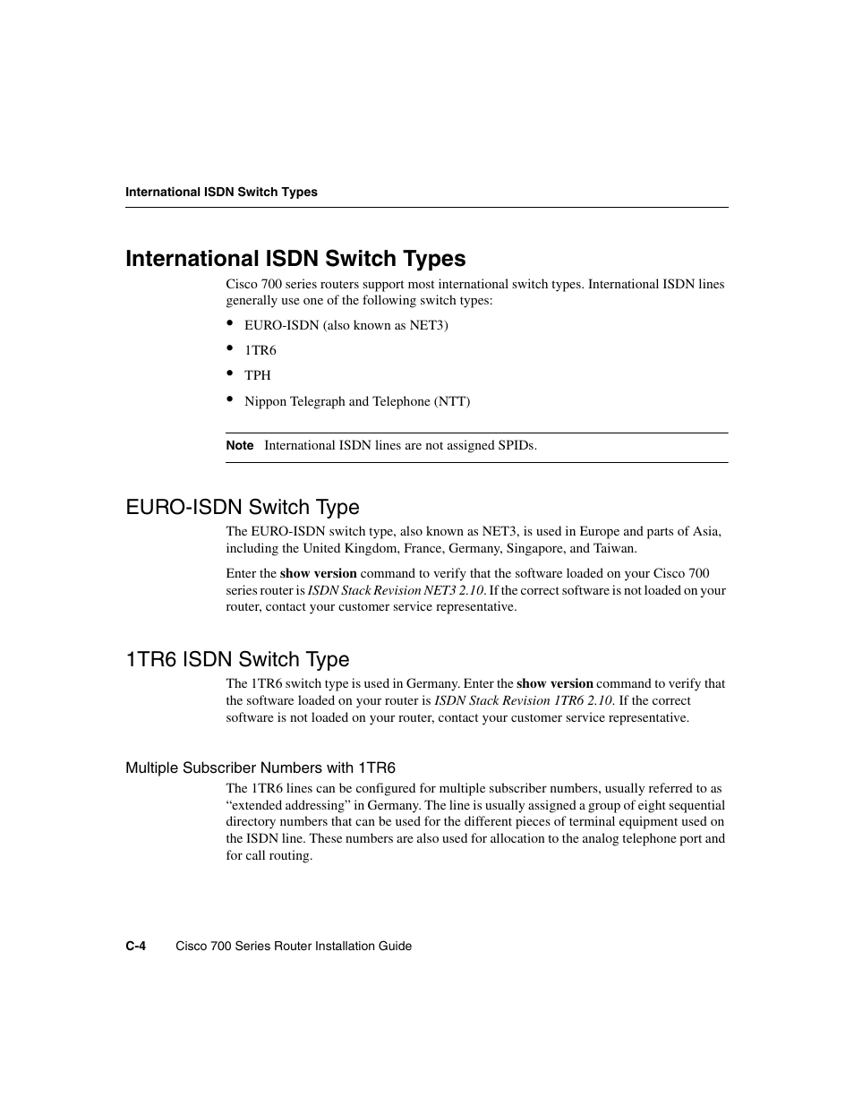 International isdnswitch types, Euro-isdn switch type, 1tr6 isdnswitch type | Multiple subscriber numbers with 1tr6, International isdn switch types, 1tr6 isdn switch type | Cisco 700 User Manual | Page 100 / 118