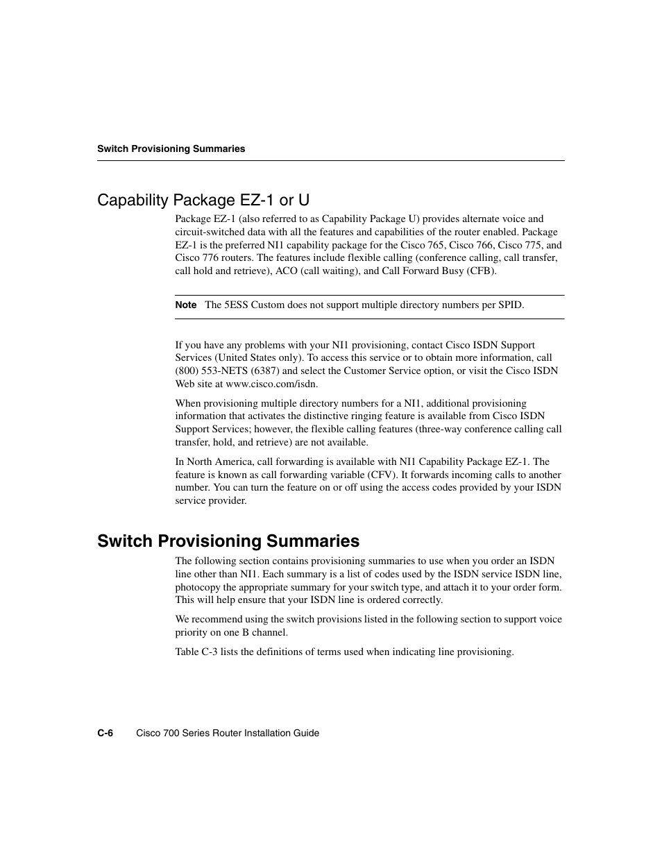 Capability package ez-1 or u, Switch provisioning summaries | Cisco 700 User Manual | Page 102 / 118