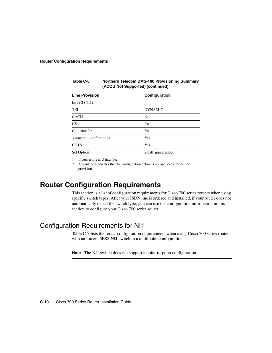 Router configuration requirements, Configuration requirements for ni1, C-10 | Cisco 700 User Manual | Page 106 / 118
