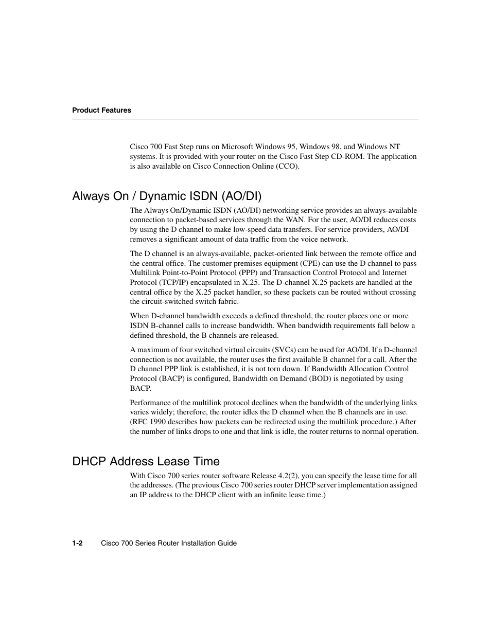 Always on / dynamic isdn (ao/di), Dhcp address lease time | Cisco 700 User Manual | Page 16 / 118