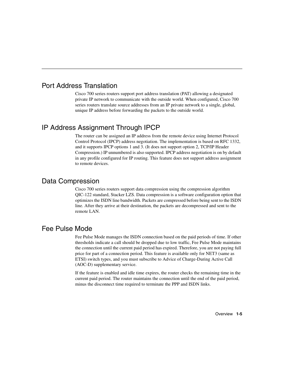 Port address translation, Ip address assignment through ipcp, Data compression | Fee pulse mode | Cisco 700 User Manual | Page 19 / 118