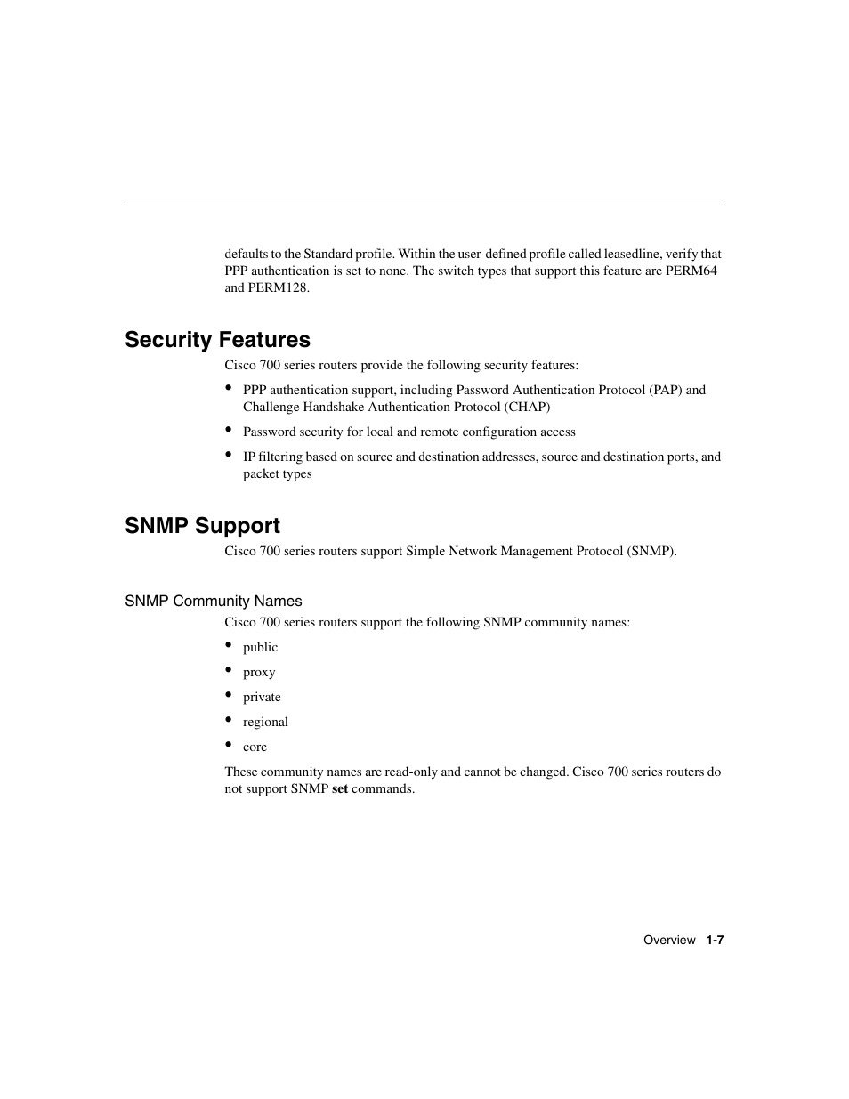 Security features, Snmp support, Snmp community names | Cisco 700 User Manual | Page 21 / 118