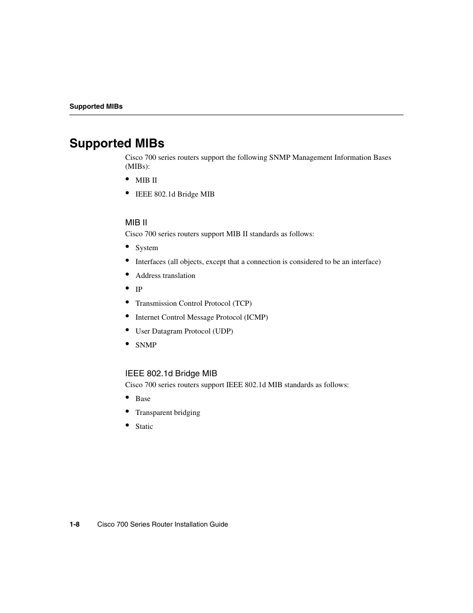 Supported mibs | Cisco 700 User Manual | Page 22 / 118