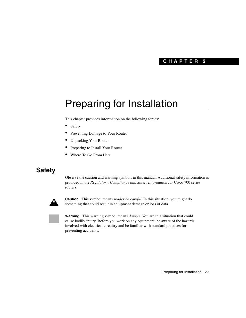 Preparing for installation, Safety, Chapter 2 | Cisco 700 User Manual | Page 31 / 118