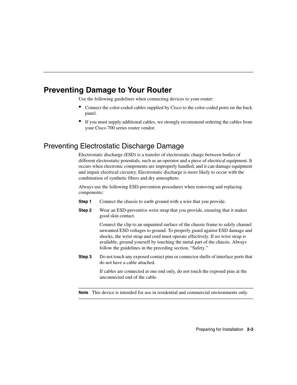 Preventing damage to your router, Preventing electrostatic discharge damage | Cisco 700 User Manual | Page 33 / 118