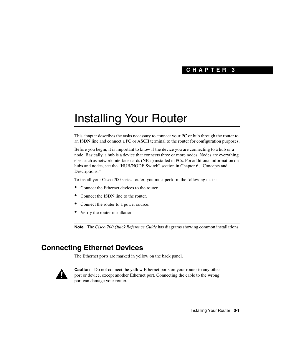 Installing your router, Connecting ethernet devices, Chapter 3 | Cisco 700 User Manual | Page 37 / 118