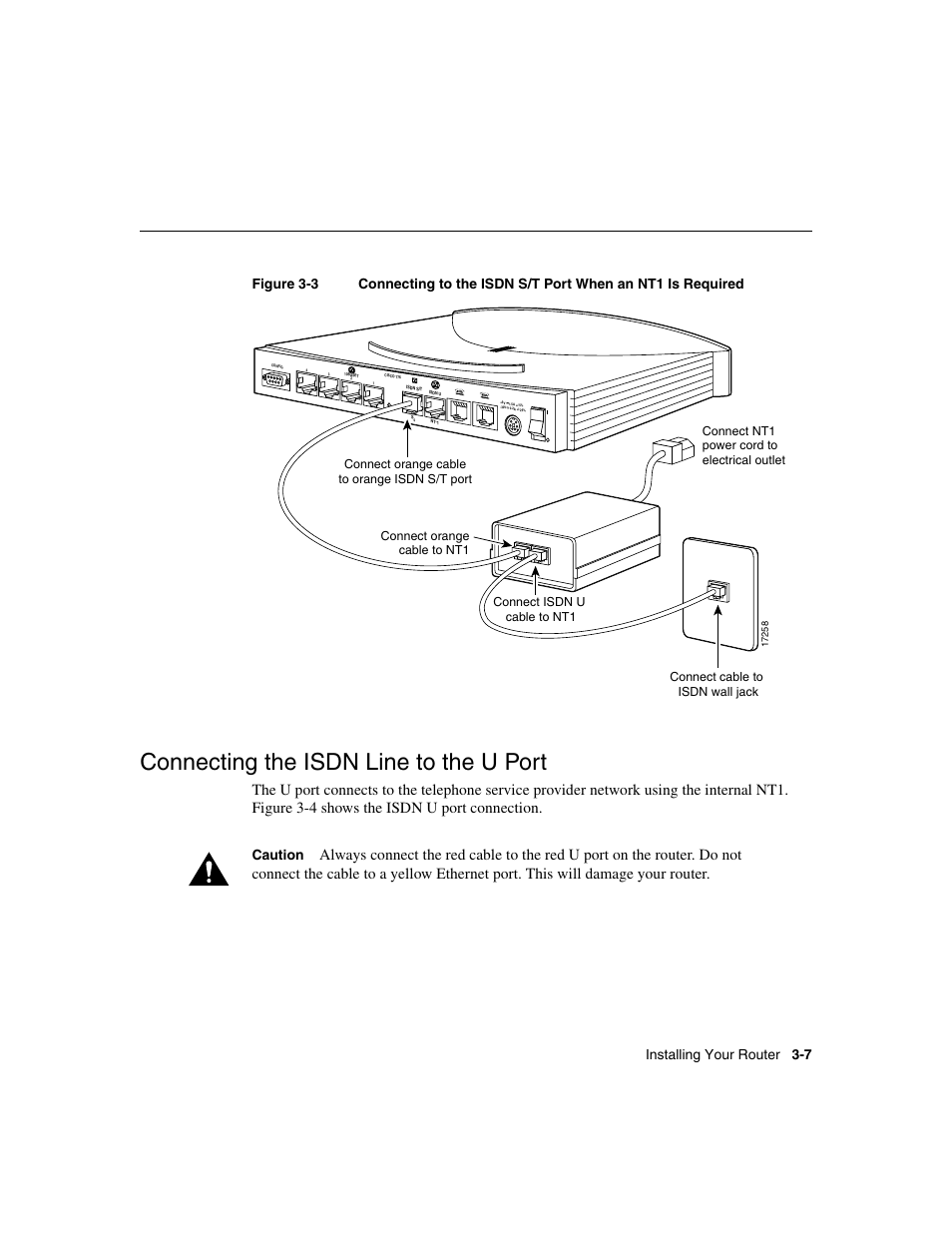 Connecting the isdn line to the u port, Caution | Cisco 700 User Manual | Page 43 / 118