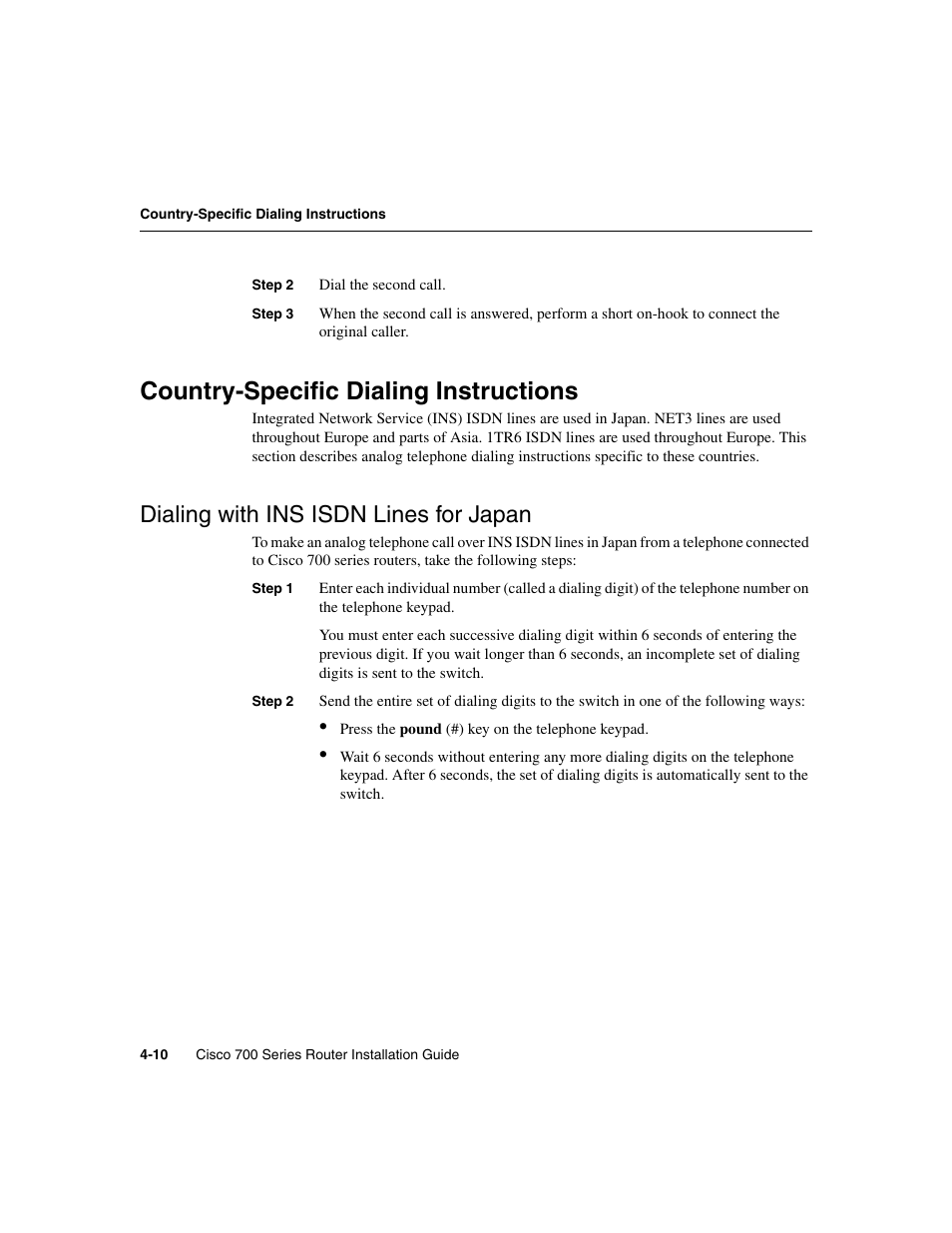 Country-specific dialing instructions, Dialing with ins isdn lines for japan | Cisco 700 User Manual | Page 58 / 118