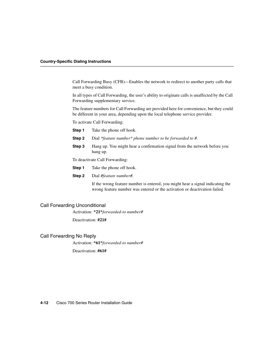 Call forwarding unconditional, Call forwarding no reply | Cisco 700 User Manual | Page 60 / 118