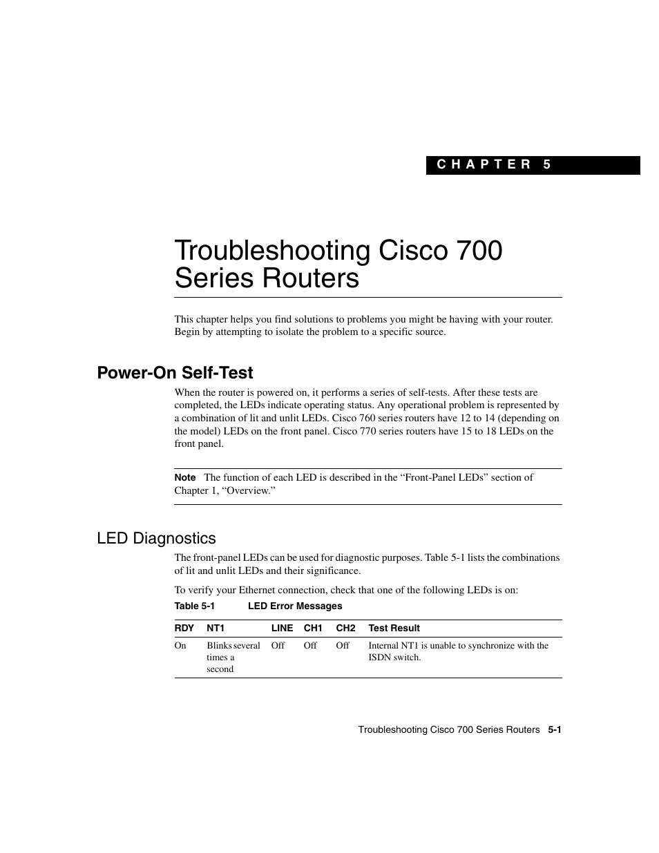 Troubleshooting cisco700 series routers, Power-on self-test, Led diagnostics | Chapter 5, Troubleshooting cisco 700 series routers | Cisco 700 User Manual | Page 63 / 118