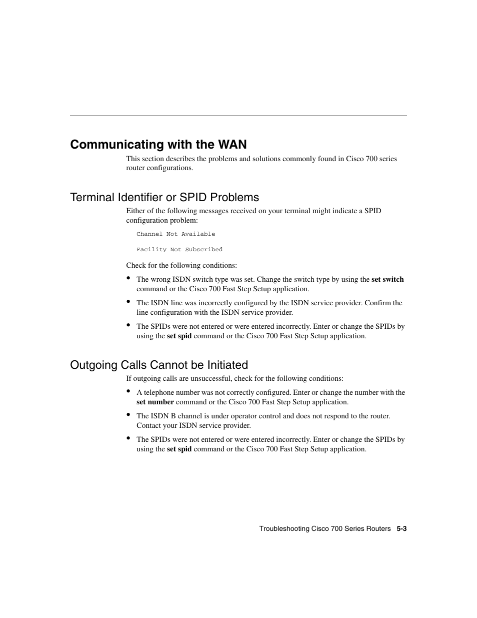 Communicating with the wan, Terminal identifier or spid problems, Outgoing calls cannot be initiated | Cisco 700 User Manual | Page 65 / 118