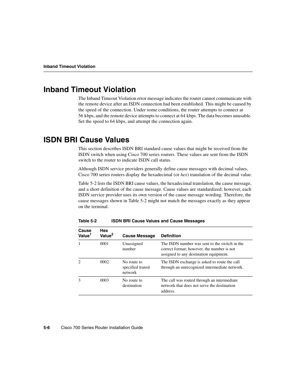 Inband timeout violation, Isdnbri causevalues, Isdn bri cause values | Cisco 700 User Manual | Page 68 / 118
