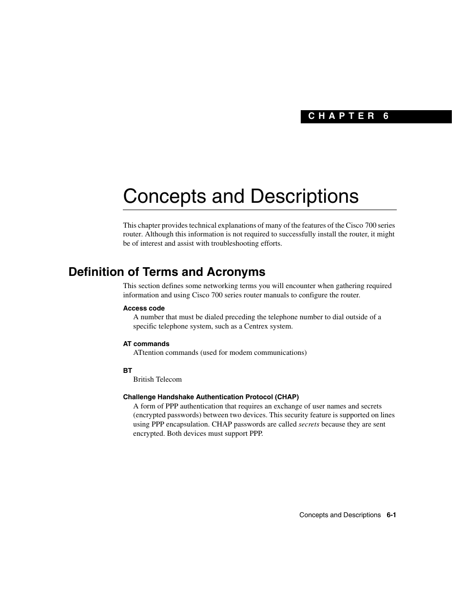 Concepts and descriptions, Definition of terms and acronyms, Chapter 6 | Cisco 700 User Manual | Page 75 / 118