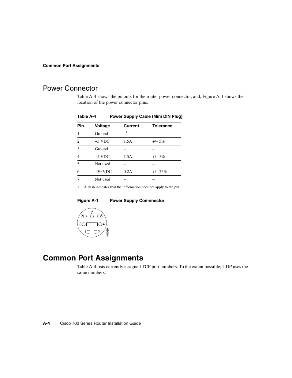 Power connector, Common port assignments | Cisco 700 User Manual | Page 84 / 118