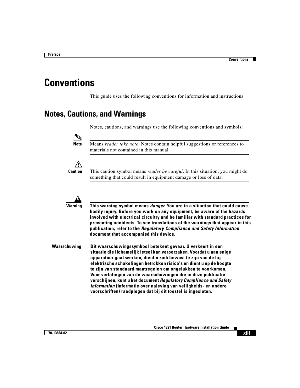 Conventions, Notes, cautions, and warnings, Xiii | Cisco 1721 User Manual | Page 11 / 92