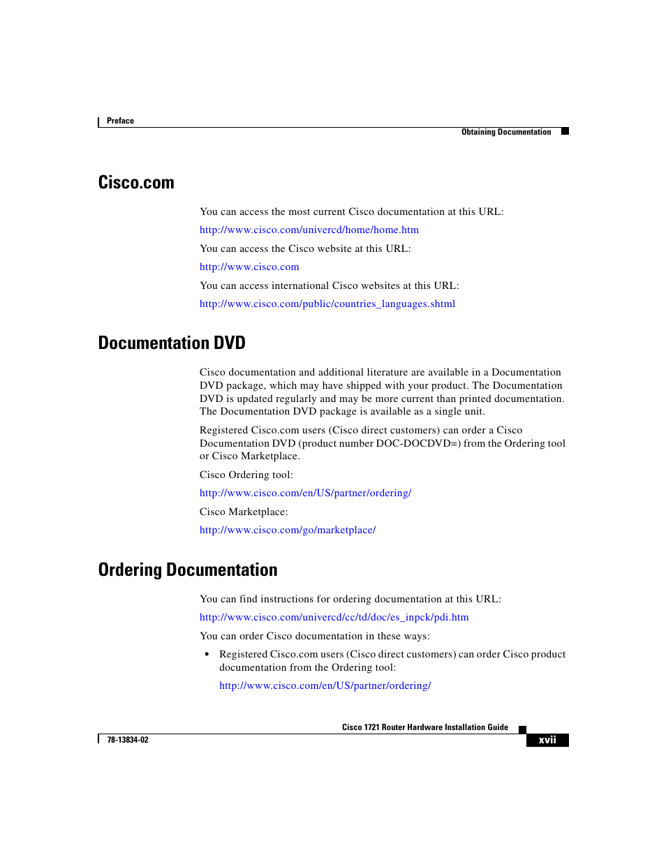 Cisco.com, Documentation dvd, Ordering documentation | Cisco 1721 User Manual | Page 15 / 92