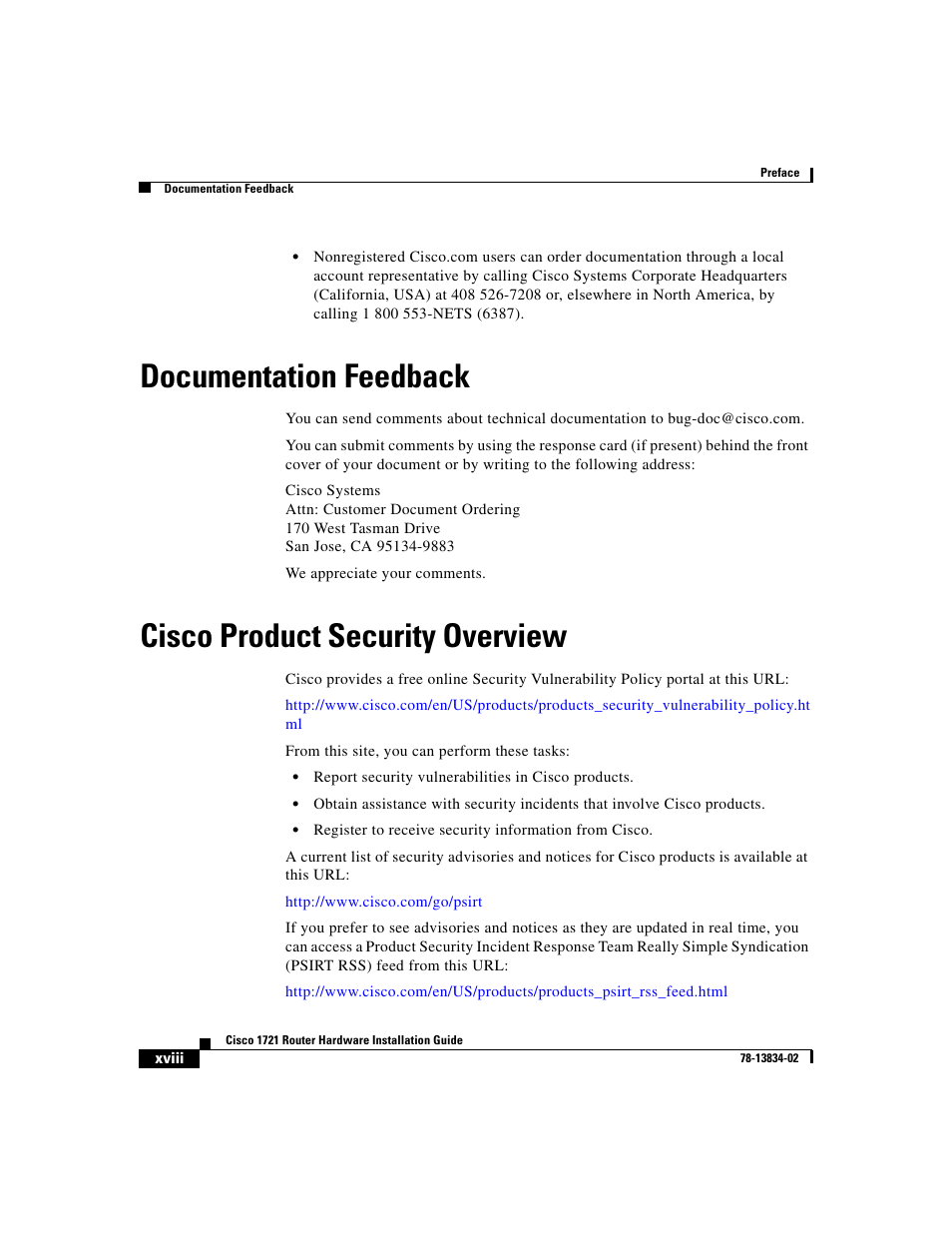 Documentation feedback, Cisco product security overview, Xviii | Cisco 1721 User Manual | Page 16 / 92