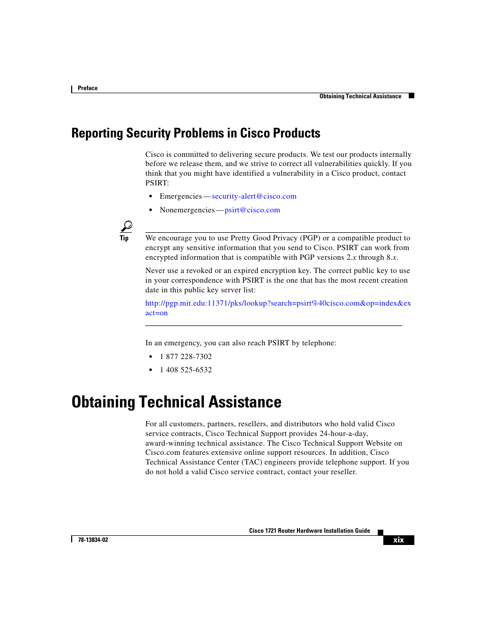 Reporting security problems in cisco products, Obtaining technical assistance | Cisco 1721 User Manual | Page 17 / 92