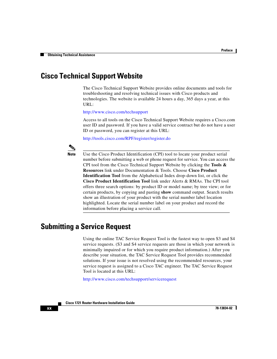 Cisco technical support website, Submitting a service request | Cisco 1721 User Manual | Page 18 / 92