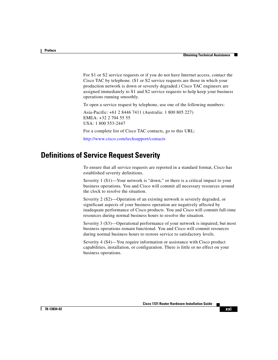 Definitions of service request severity | Cisco 1721 User Manual | Page 19 / 92