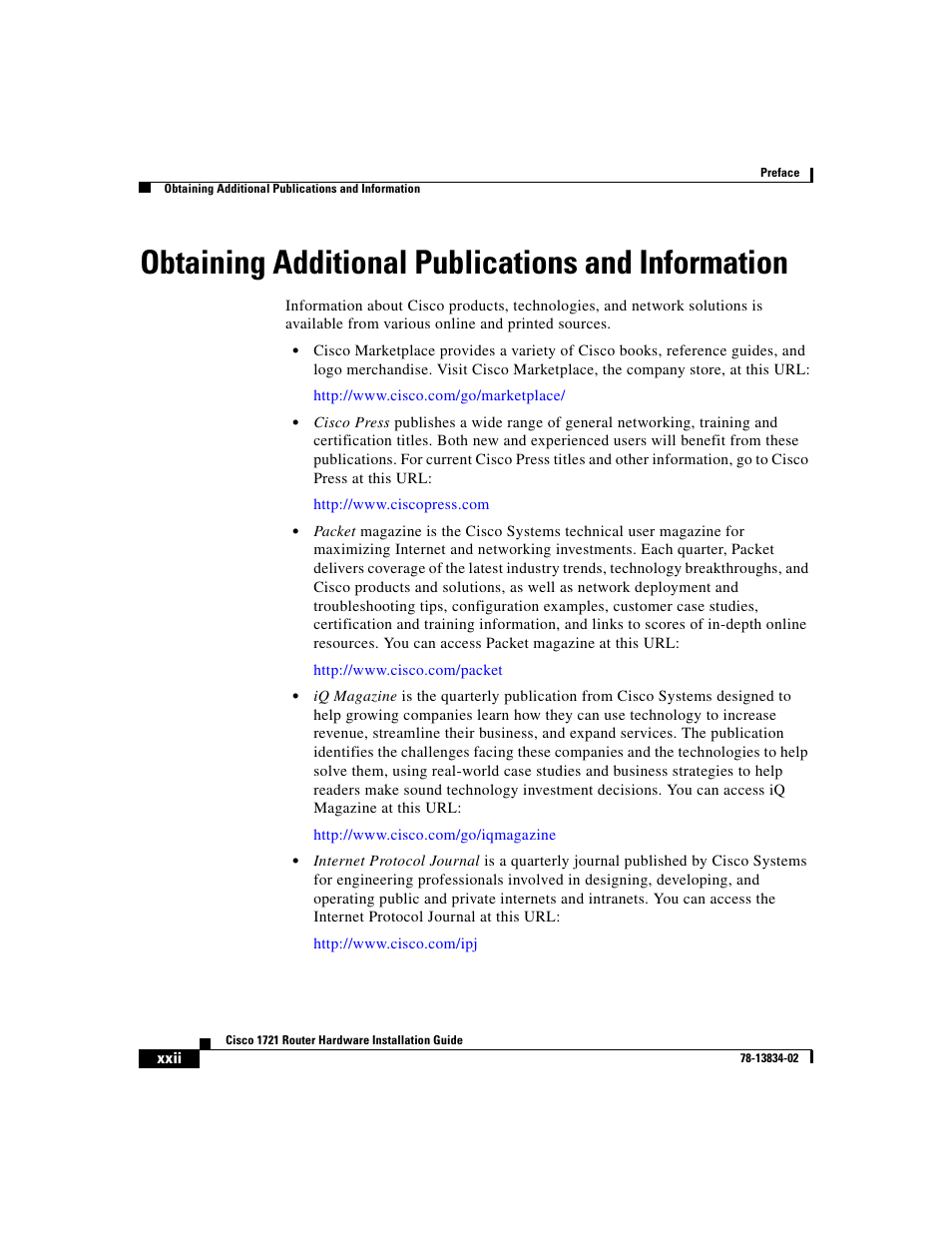 Obtaining additional publications and information | Cisco 1721 User Manual | Page 20 / 92