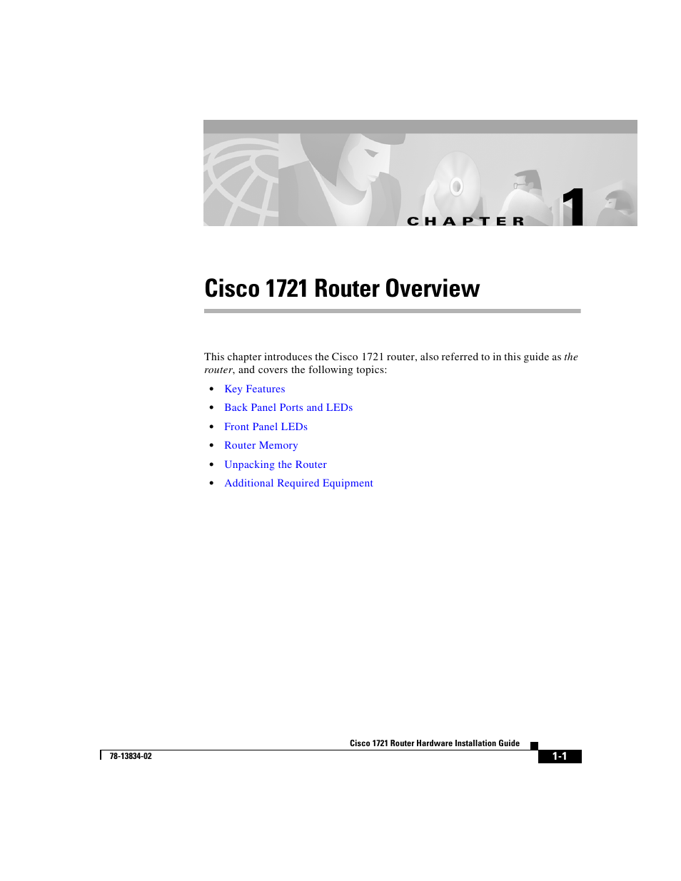 Cisco 1721 router overview, C h a p t e r, Chapter 1, “cisco 1721 router overview | Cisco 1721 User Manual | Page 23 / 92