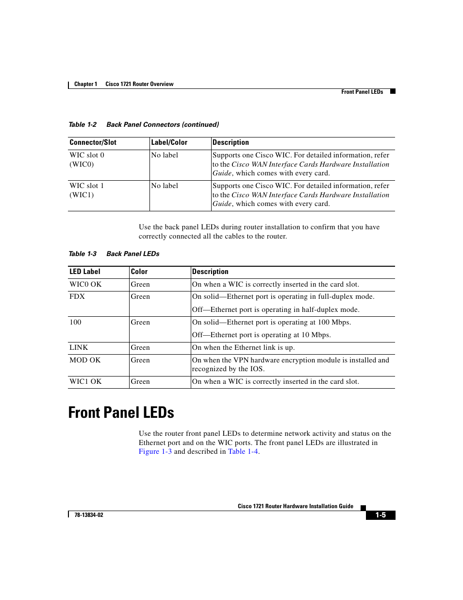 Front panel leds, Table 1-3 | Cisco 1721 User Manual | Page 27 / 92