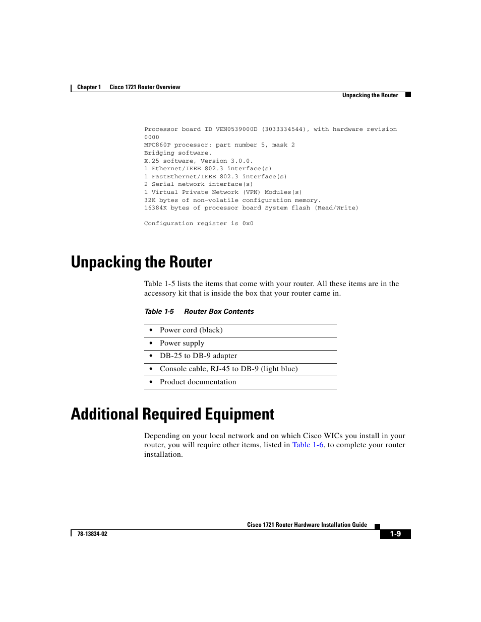 Unpacking the router, Additional required equipment | Cisco 1721 User Manual | Page 31 / 92