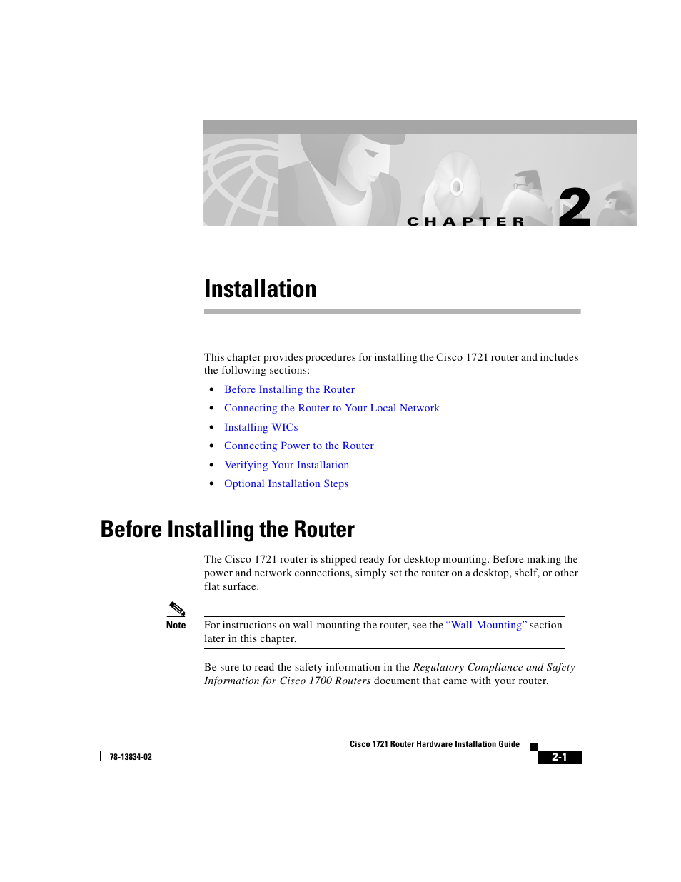 Installation, Before installing the router, C h a p t e r | Chapter 2, “installation, Desc | Cisco 1721 User Manual | Page 33 / 92