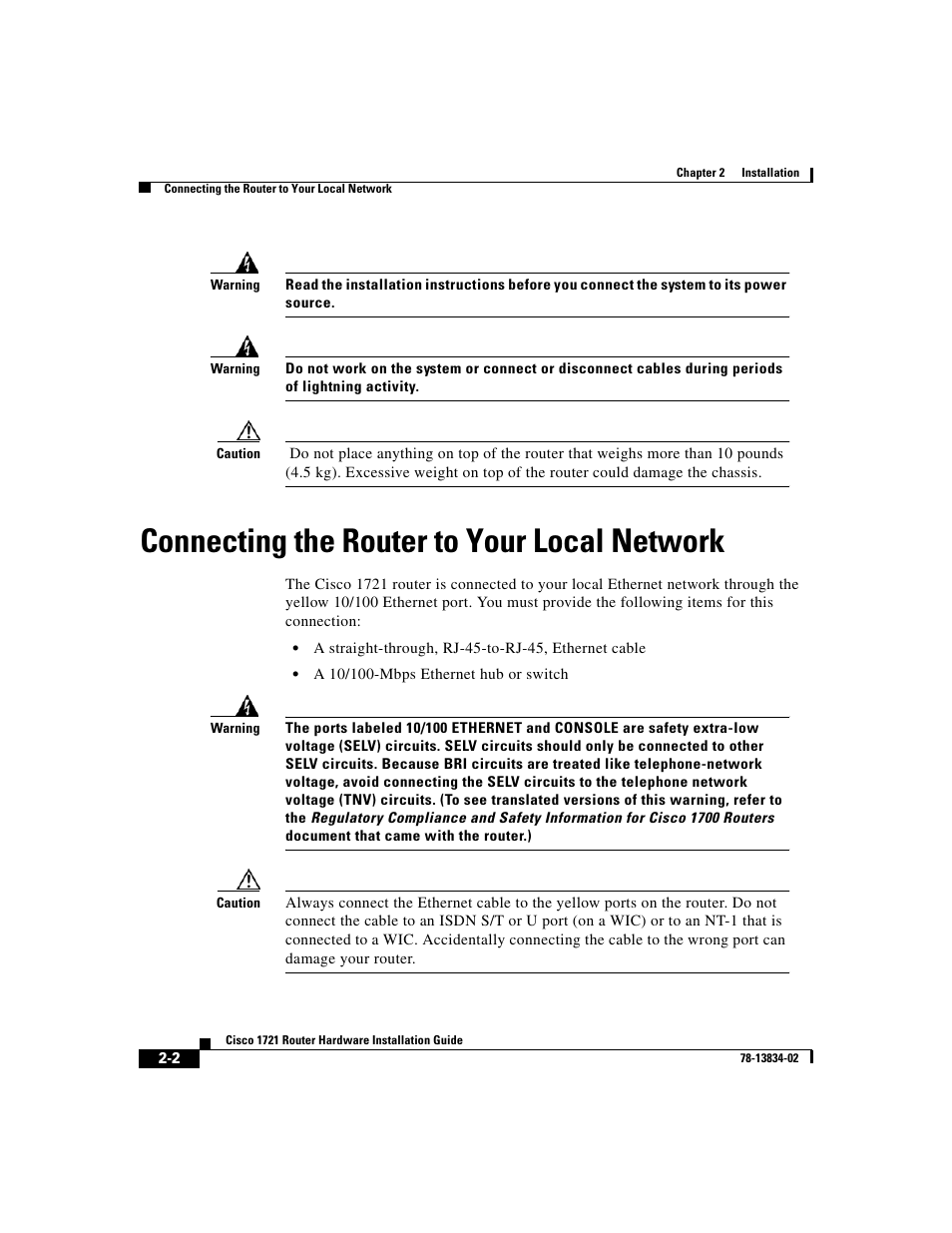 Connecting the router to your local network | Cisco 1721 User Manual | Page 34 / 92