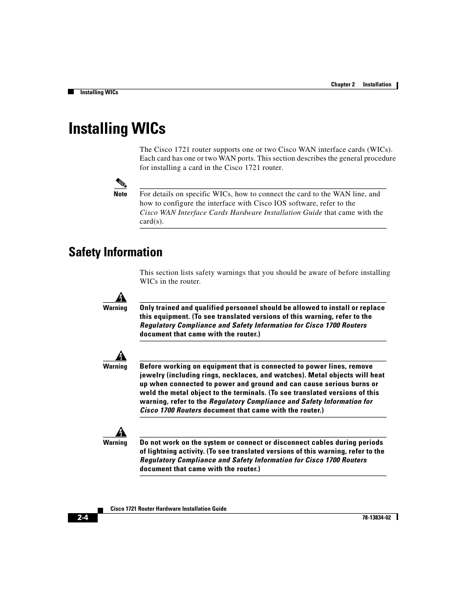 Installing wics, Safety information | Cisco 1721 User Manual | Page 36 / 92