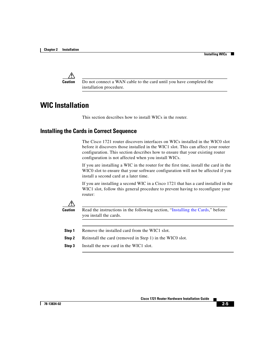 Wic installation, Installing the cards in correct sequence | Cisco 1721 User Manual | Page 37 / 92
