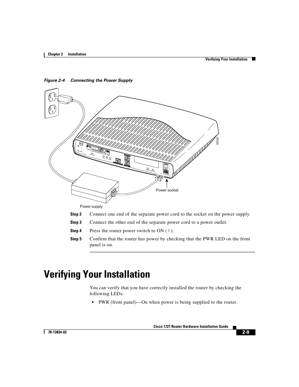 Verifying your installation, Press the router power switch to on ( | ), Figure 2-4 connecting the power supply step 2 | Step 3, Step 4, Step 5, See manual before installation | Cisco 1721 User Manual | Page 41 / 92