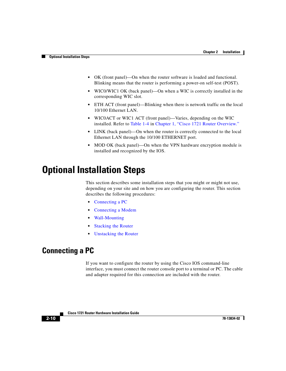 Optional installation steps, Connecting a pc | Cisco 1721 User Manual | Page 42 / 92