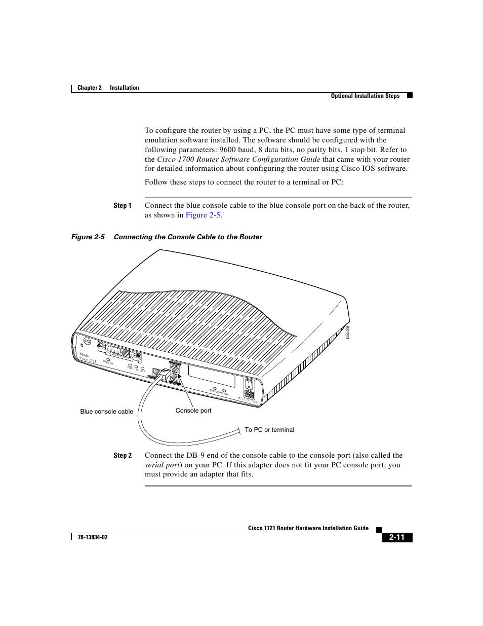 Step 1, Console port blue console cable to pc or terminal | Cisco 1721 User Manual | Page 43 / 92