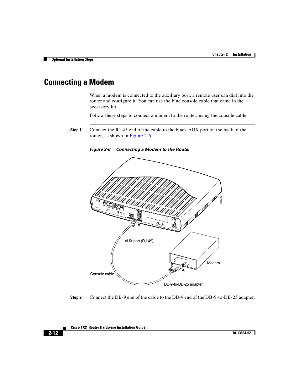 Connecting a modem, Step 1, Figure 2-6 connecting a modem to the router step 2 | See m anual befo re in stall ation | Cisco 1721 User Manual | Page 44 / 92