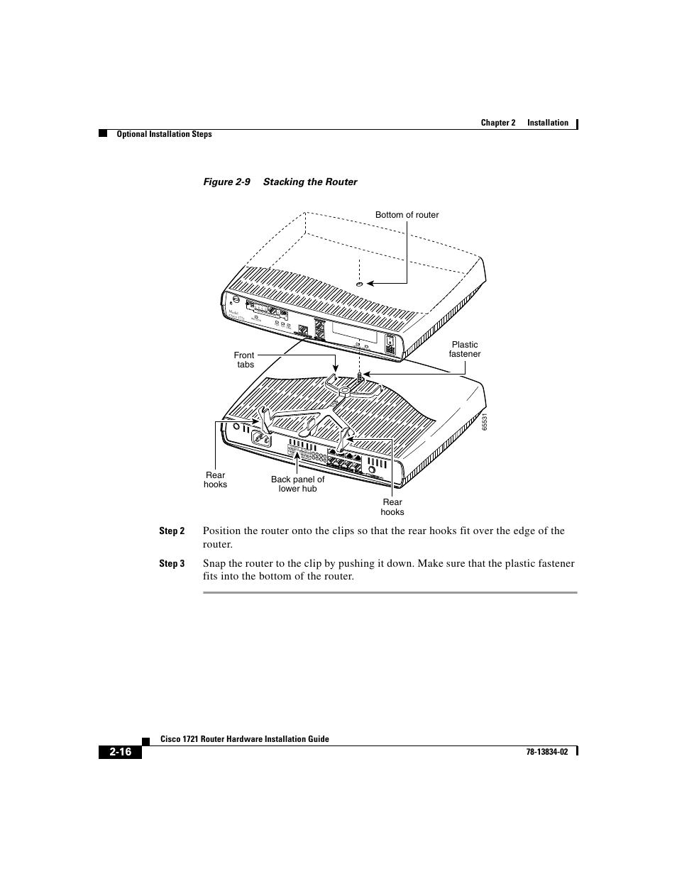 Figure 2-9 stacking the router step 2, Step 3 | Cisco 1721 User Manual | Page 48 / 92