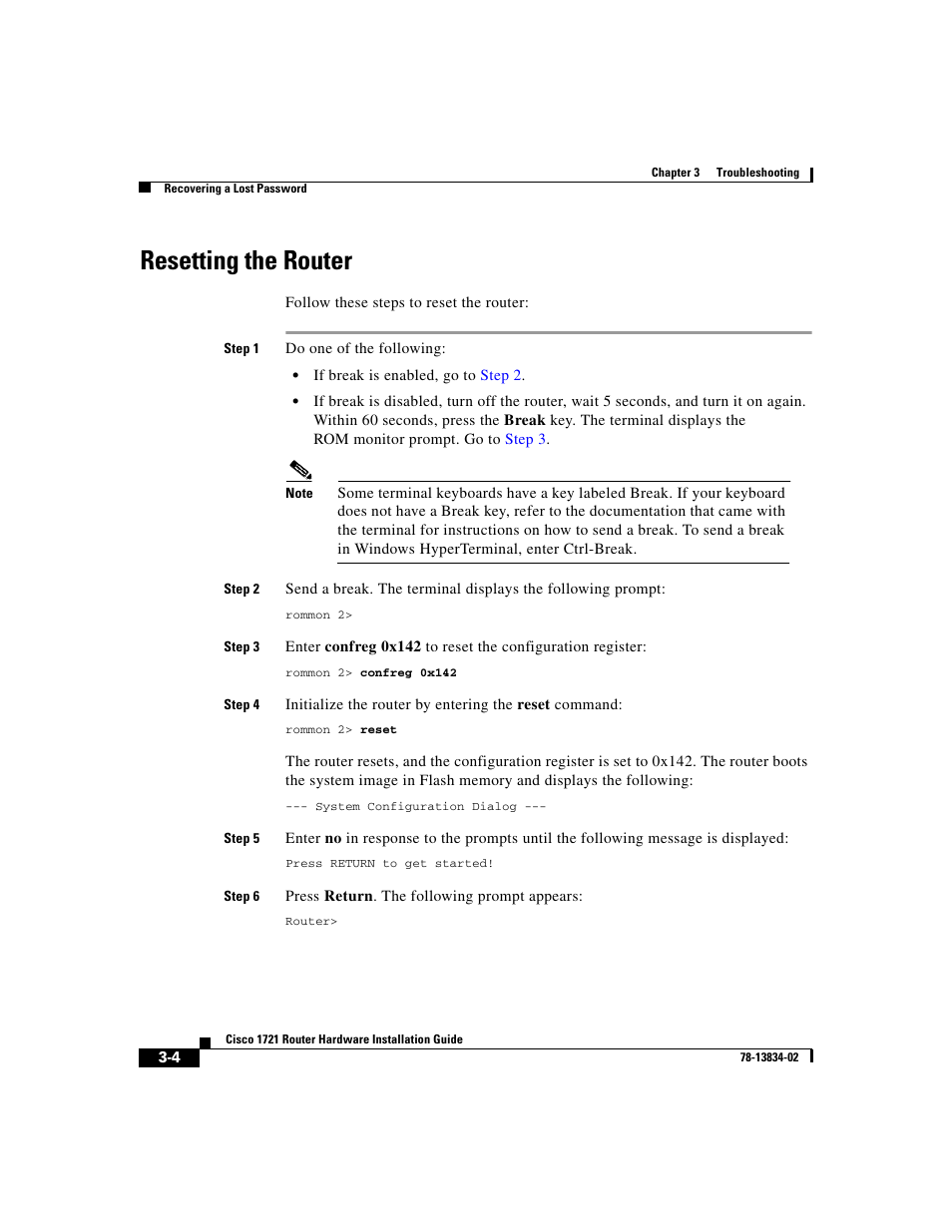 Resetting the router | Cisco 1721 User Manual | Page 54 / 92