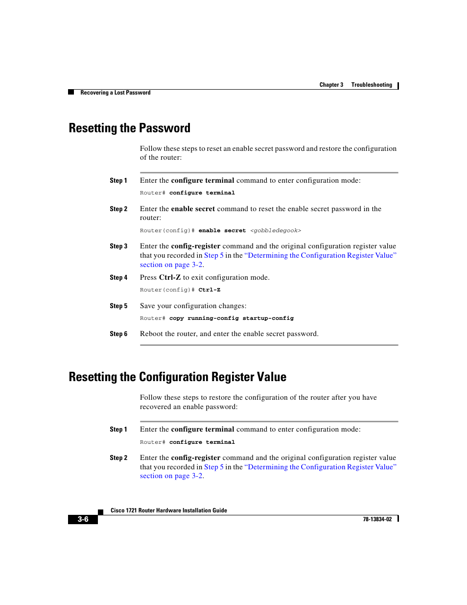 Resetting the password, Resetting the configuration register value, Resetting the | Password | Cisco 1721 User Manual | Page 56 / 92