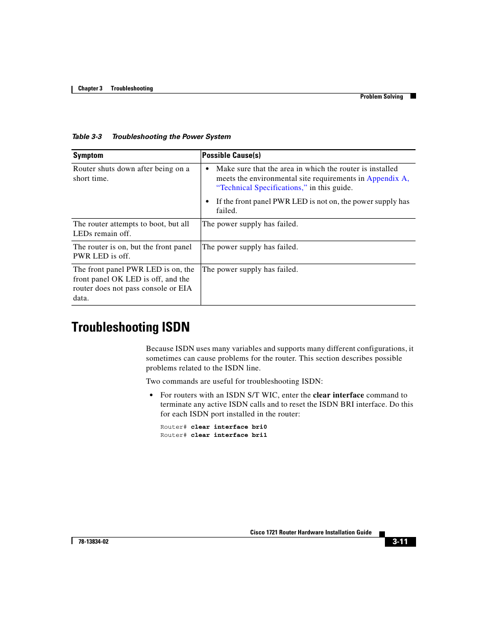 Troubleshooting isdn, Table 3-3 | Cisco 1721 User Manual | Page 61 / 92