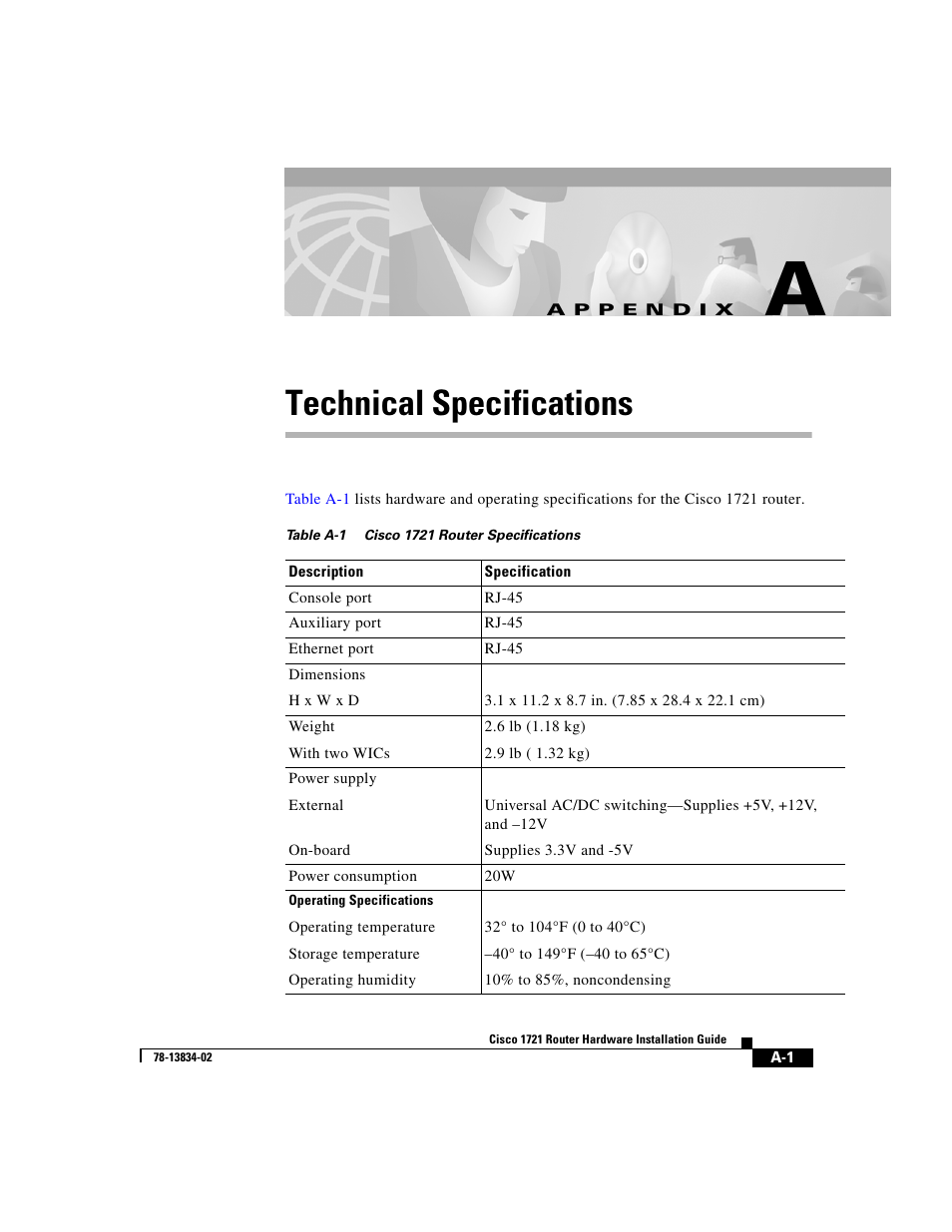 Technical specifications, A p p e n d i x, Appendix a, “technical specifications | Lists the | Cisco 1721 User Manual | Page 63 / 92