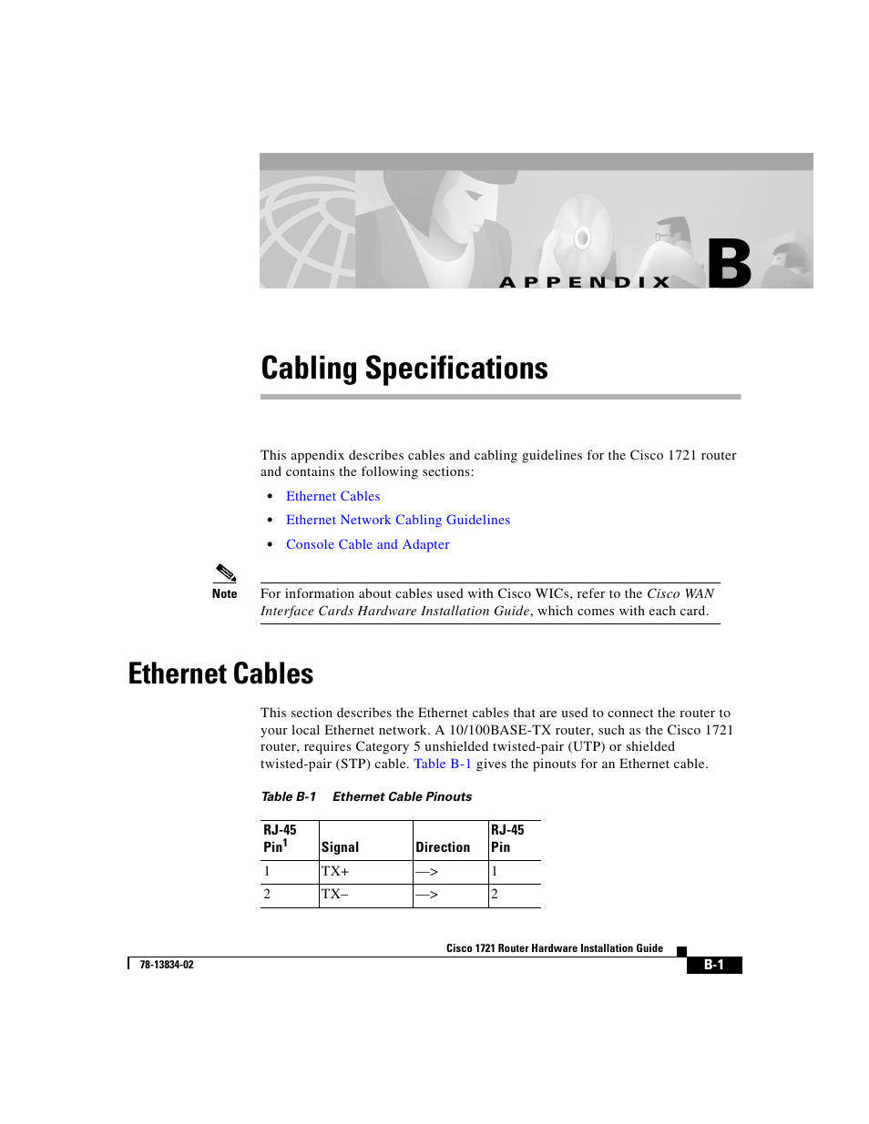 Cabling specifications, Ethernet cables, A p p e n d i x | Appendix b, “cabling specifications | Cisco 1721 User Manual | Page 65 / 92