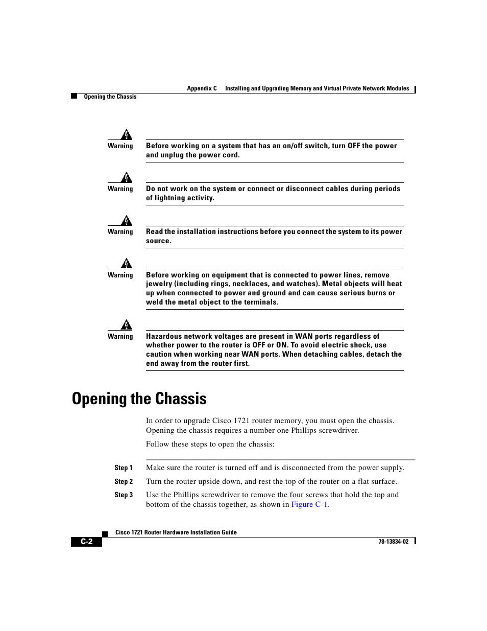 Opening the chassis | Cisco 1721 User Manual | Page 70 / 92