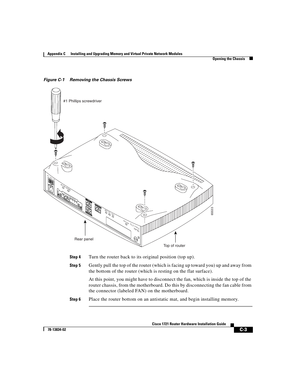 Figure c-1 removing the chassis screws step 4, Step 5, Step 6 | Rear panel #1 phillips screwdriver top of router | Cisco 1721 User Manual | Page 71 / 92